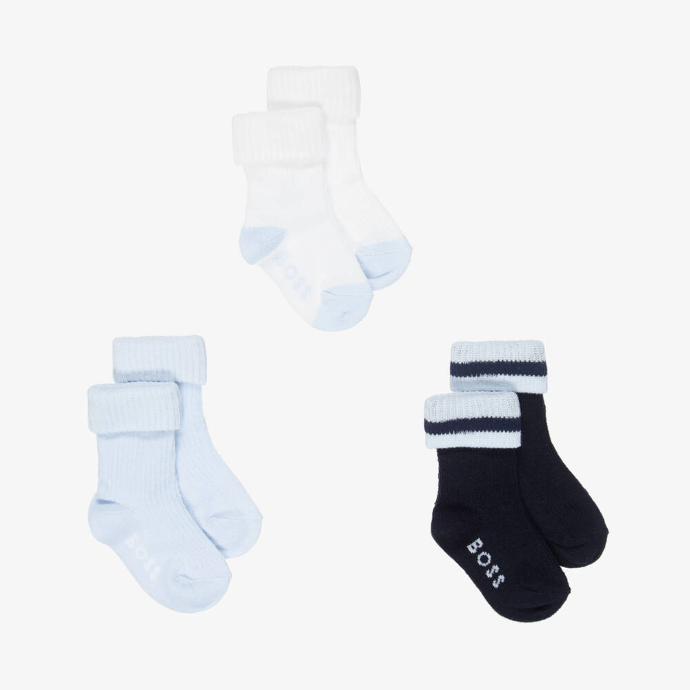 BOSS-Blue & White Cotton Baby Socks (3 Pack) | Childrensalon Outlet