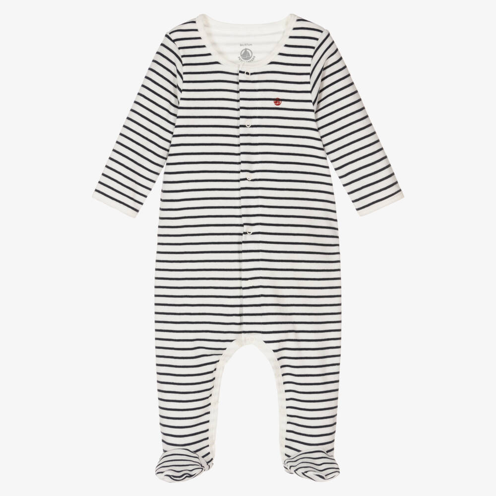 Petit Bateau-Blue & White Striped Cotton Babygrow | Childrensalon Outlet