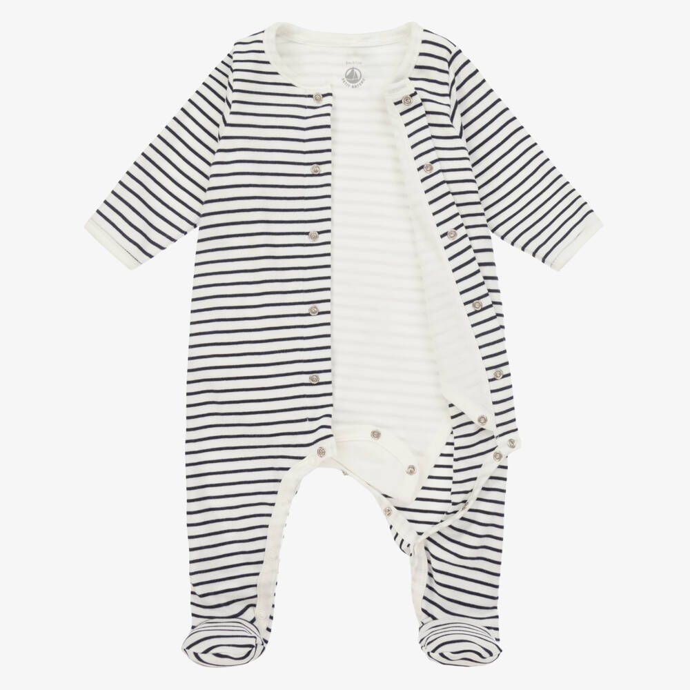 Petit Bateau-Blue & White Striped Cotton Babygrow | Childrensalon Outlet