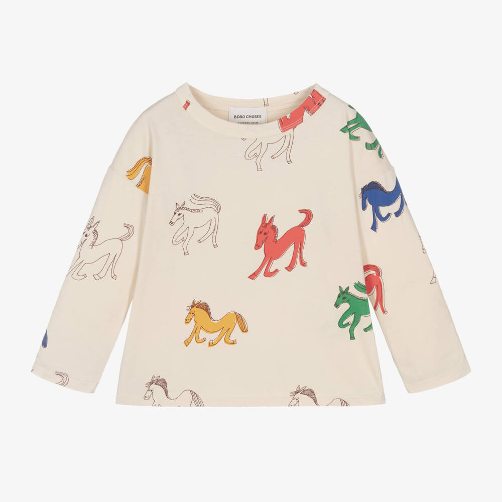 Bobo Choses-Girls Ivory Horse Print Long Top | Childrensalon Outlet