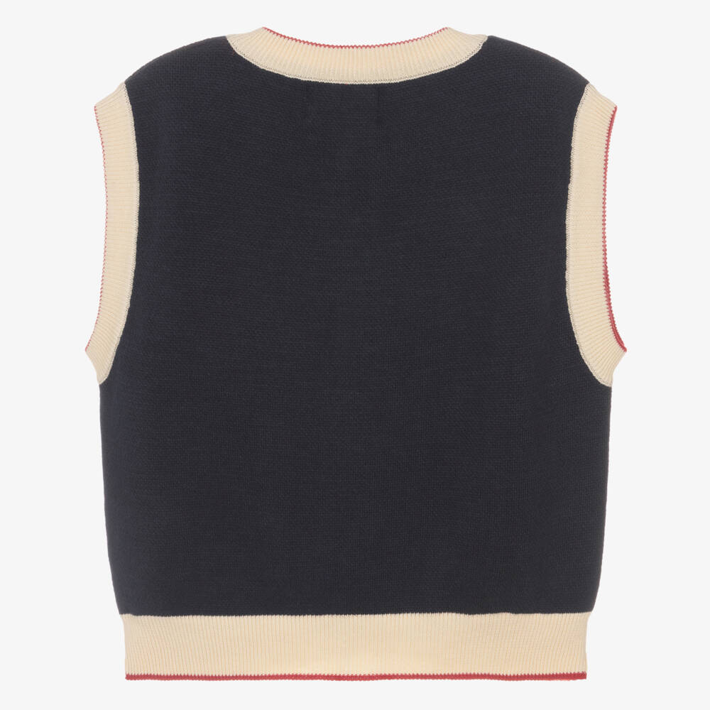 Bobo Choses-Girls Navy Blue Cotton Knit Waistcoat with Flowers | Childrensalon Outlet