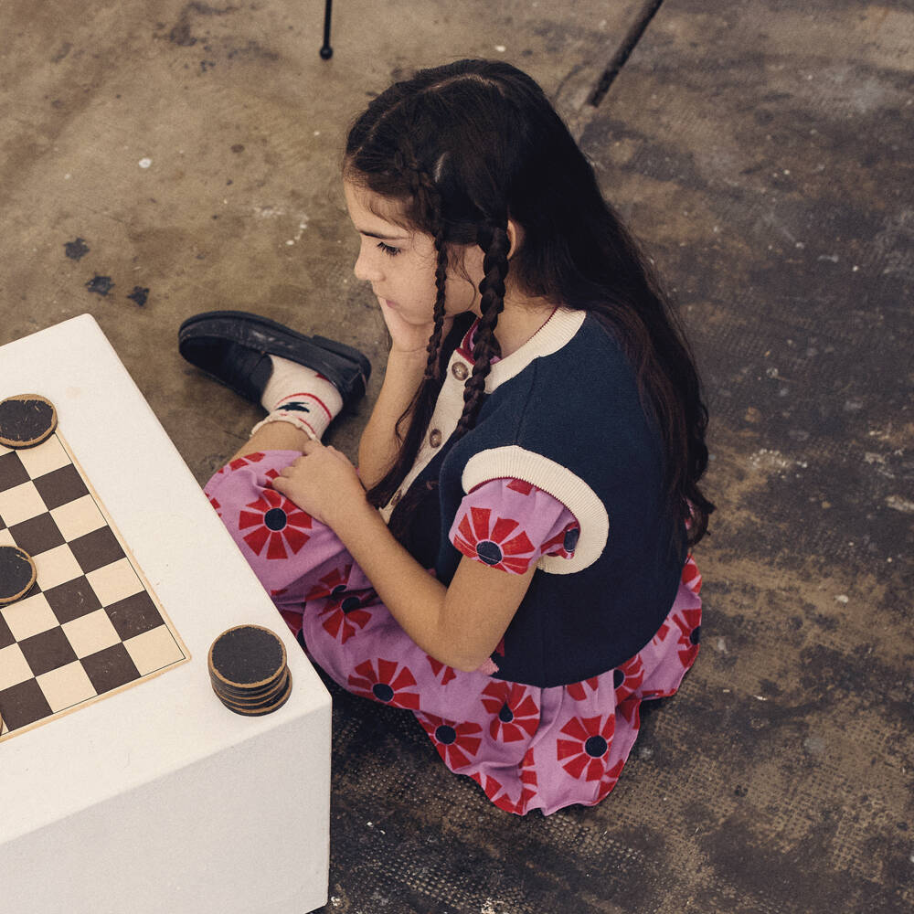 Bobo Choses-Girls Navy Blue Cotton Knit Waistcoat with Flowers | Childrensalon Outlet