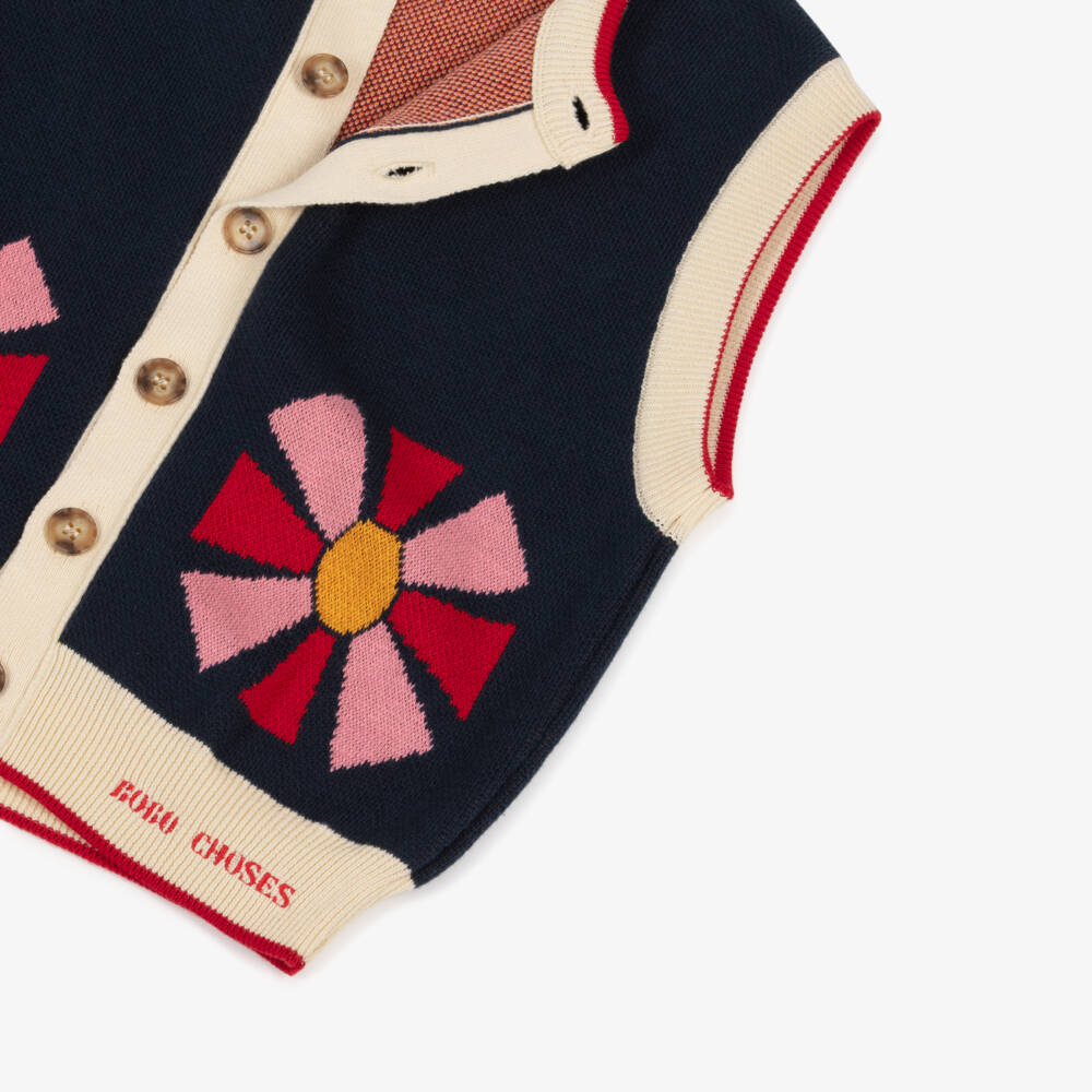 Bobo Choses-Girls Navy Blue Cotton Knit Waistcoat with Flowers | Childrensalon Outlet
