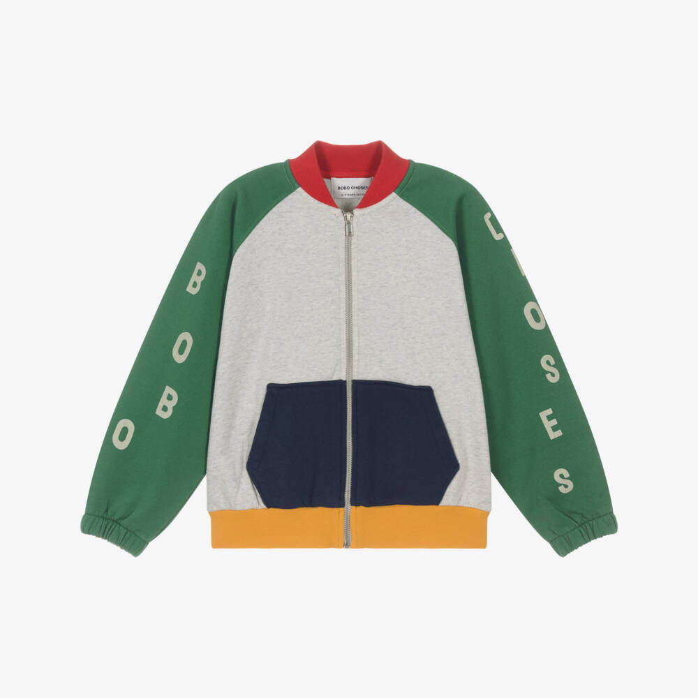 Bobo Choses-Green and Grey Organic Zip-Up Top | Childrensalon Outlet