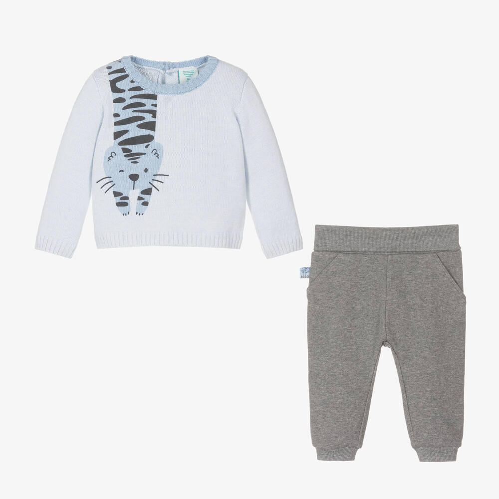 بوبولي-طقم بنطلون قطن وصوف لون أزرق ورمادي للمواليد | Childrensalon Outlet