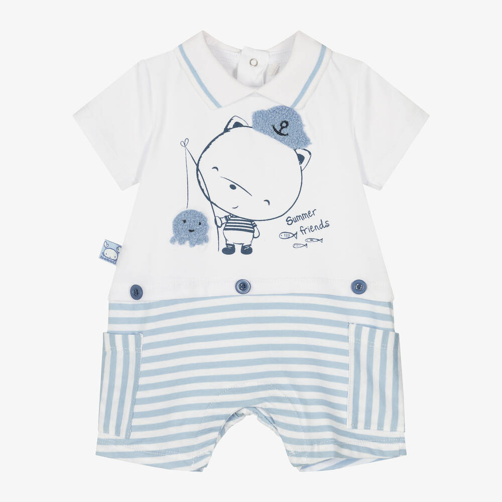 Boboli-Baby Boys White & Blue Cotton Shortie | Childrensalon Outlet