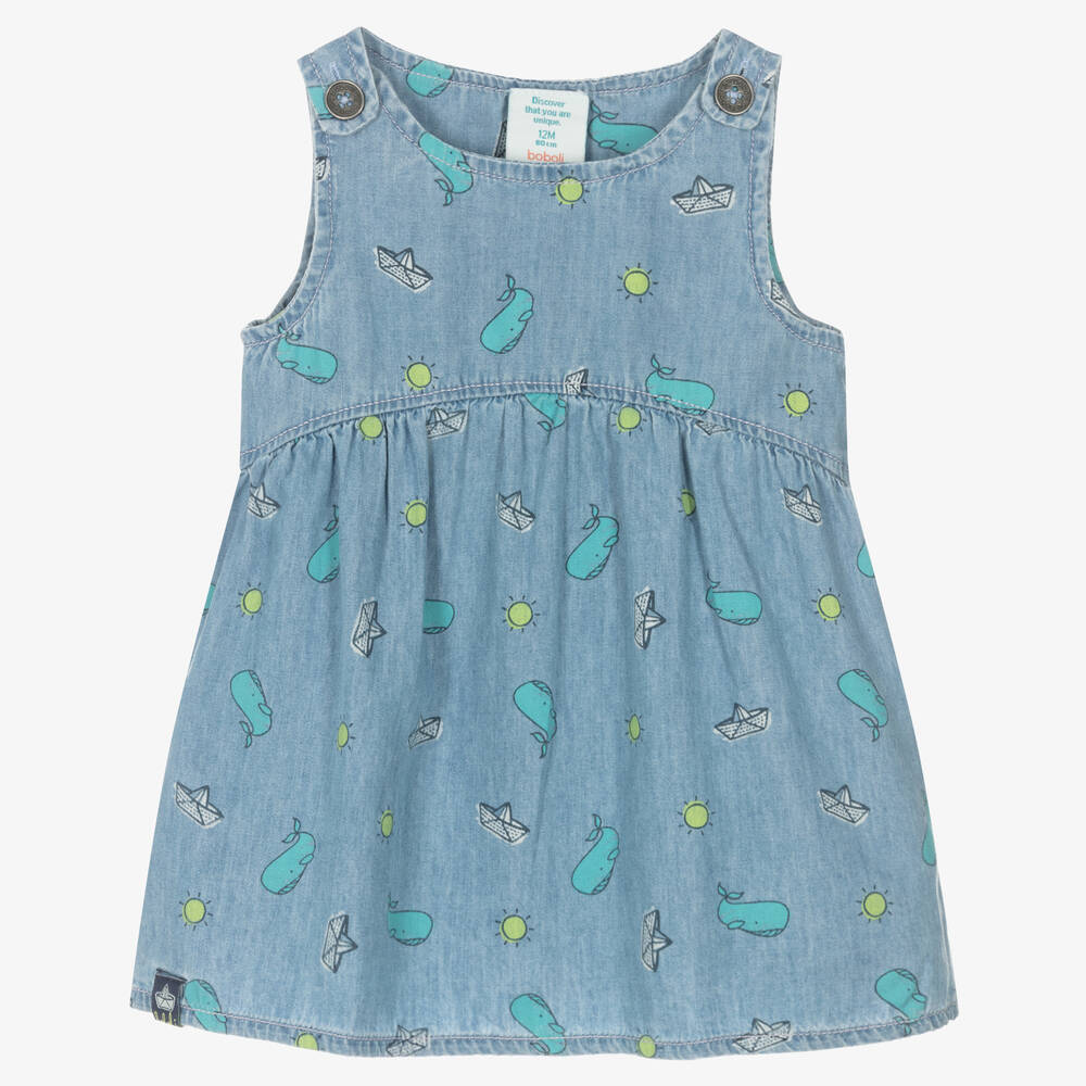 Boboli - Голубое платье и трусики из шамбре с китами | Childrensalon