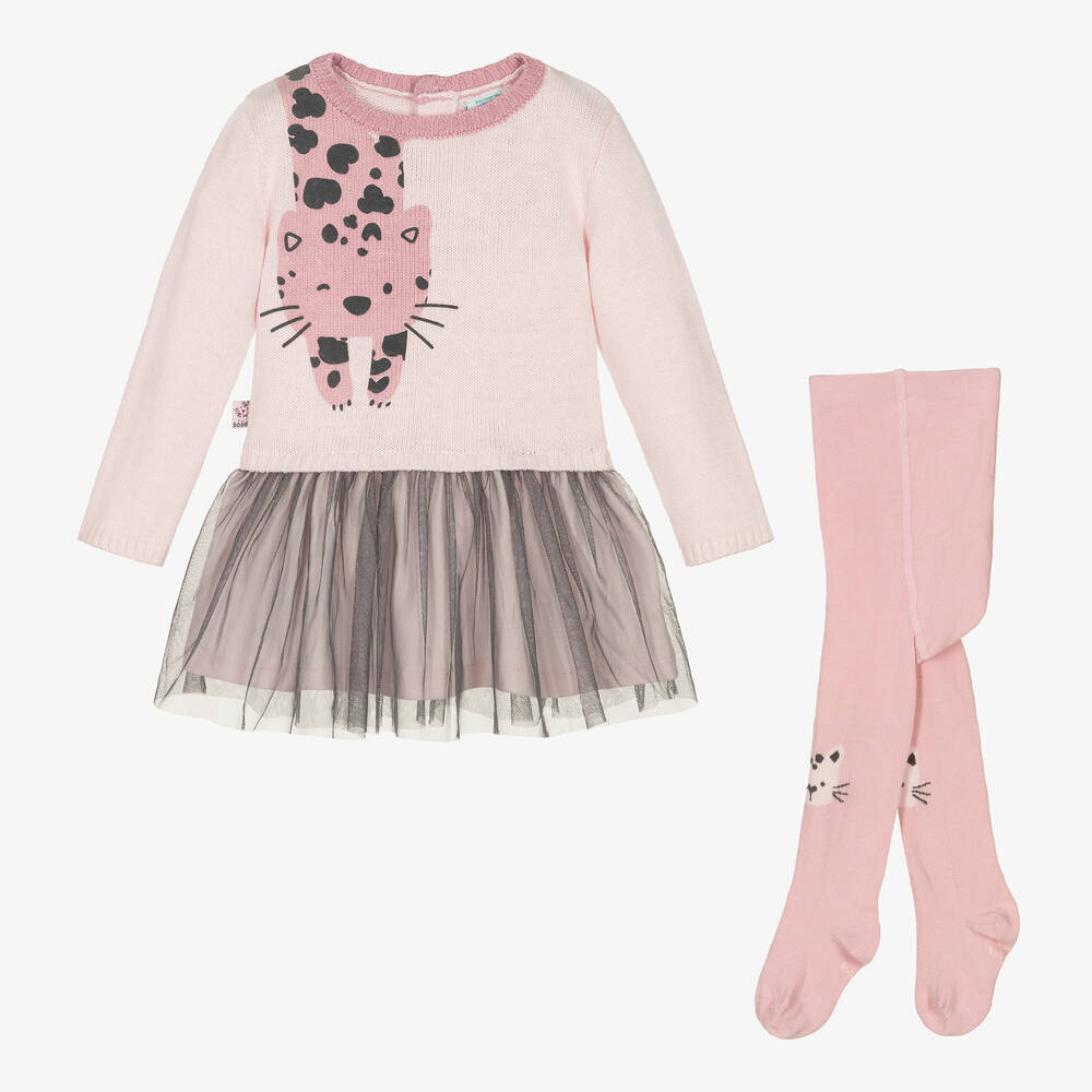 Boboli - طقم فستان مزيج قطن محبوك لون زهري للمولودات | Childrensalon