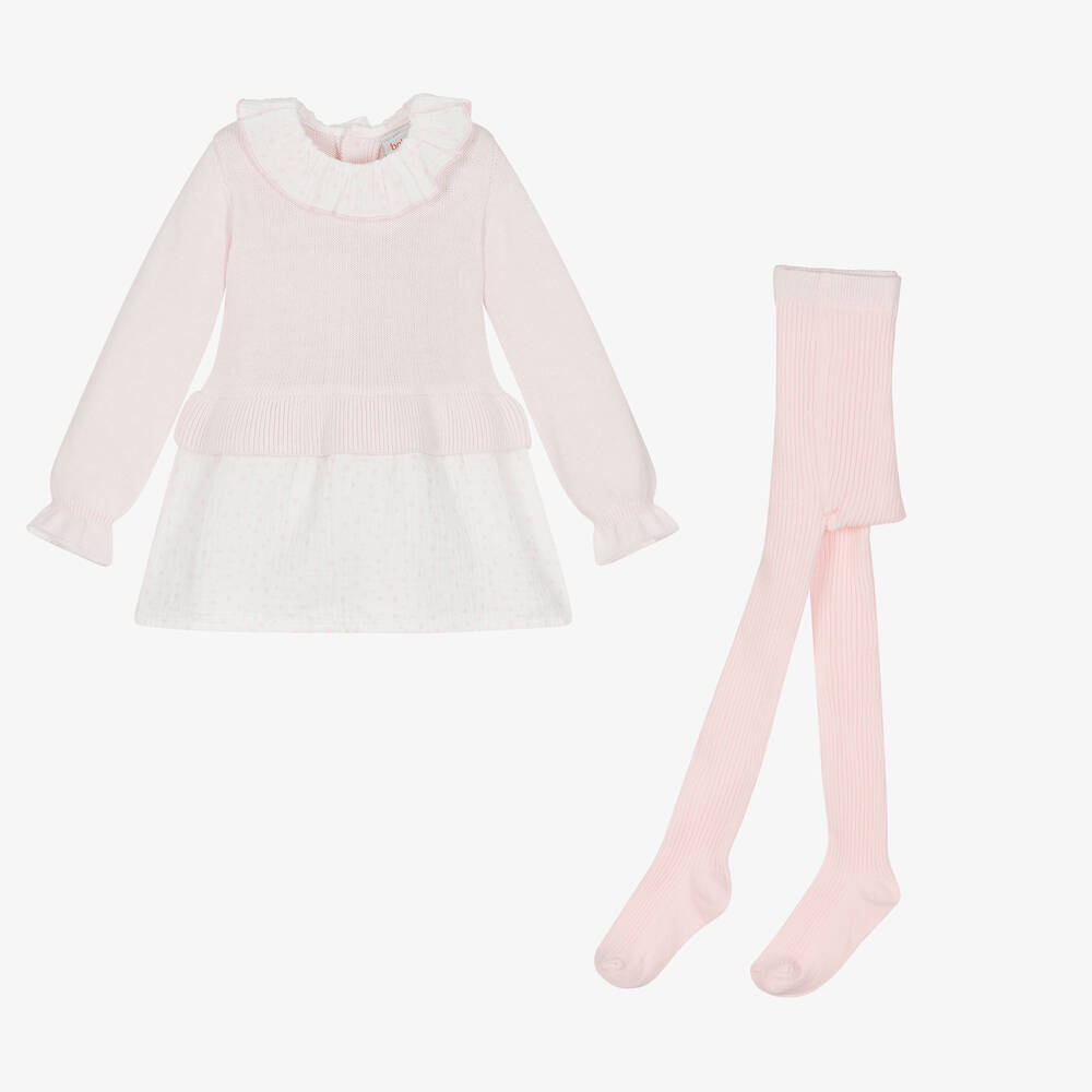 Boboli - Strickkleid-Set für weibliche Babys in Rosa und Weiß | Childrensalon