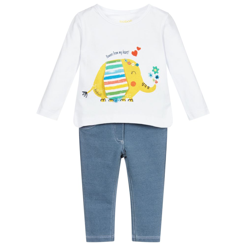 Boboli - Baby Girls White & Blue Outfit | Childrensalon