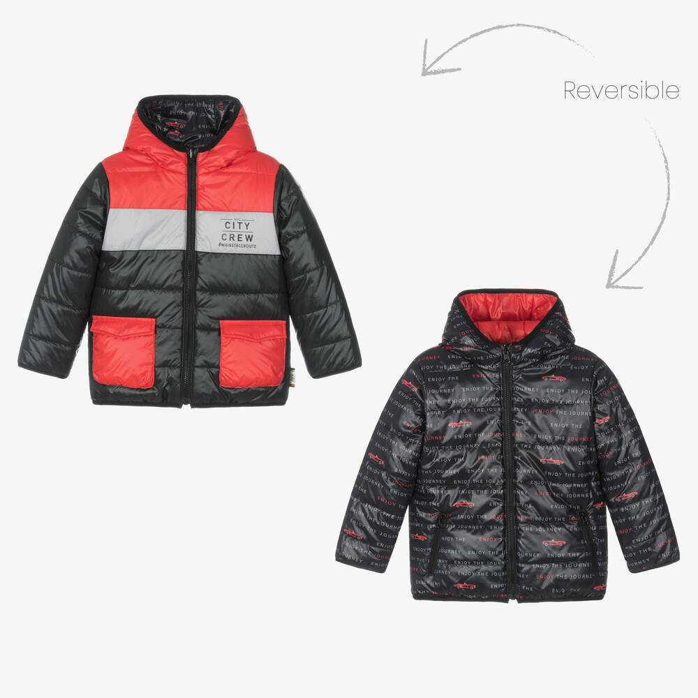 Boboli - معطف هودي بوجهين لون أسود وأحمر للأولاد | Childrensalon