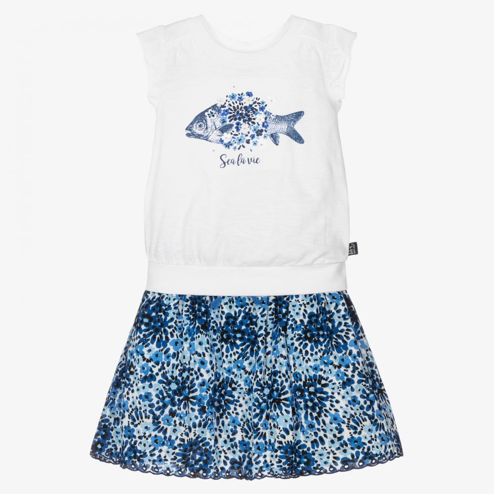 Boboli - Blaues Blumenrock-Set mit Fisch | Childrensalon