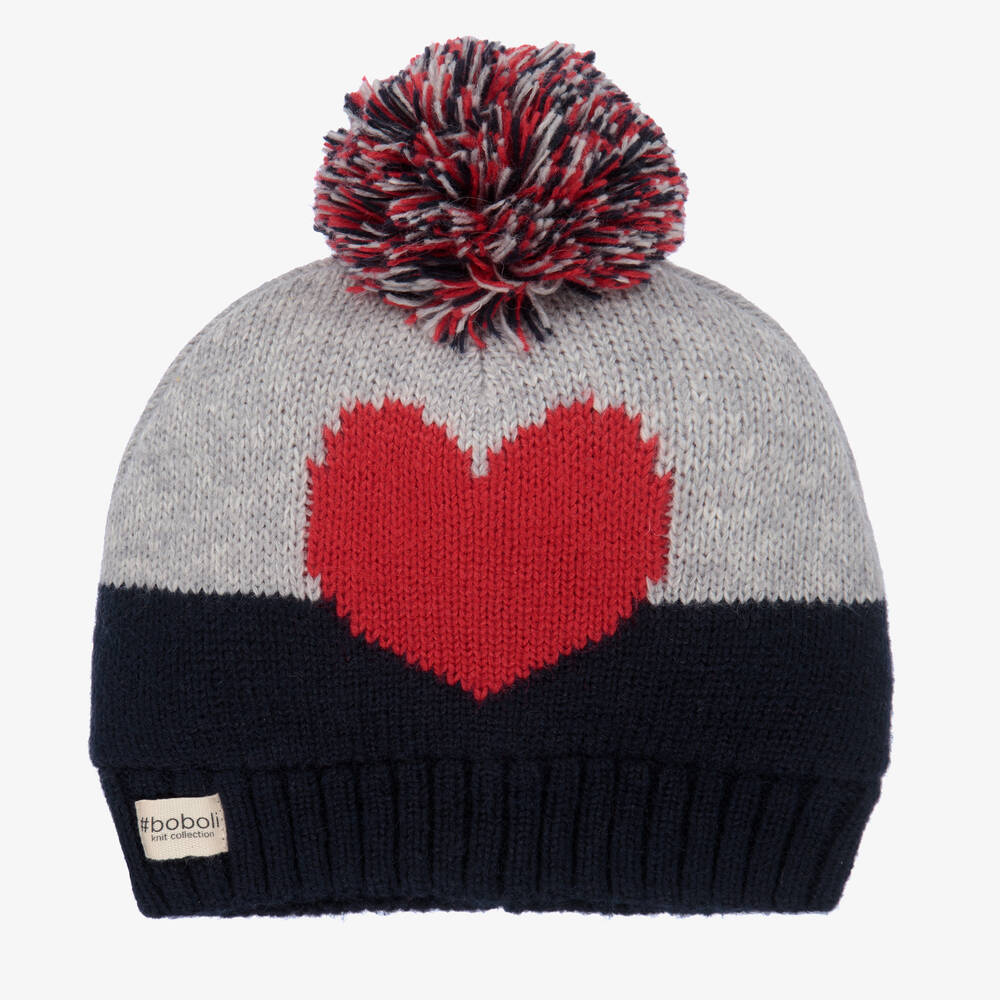 Boboli - Blue & Grey Knitted Heart Hat | Childrensalon