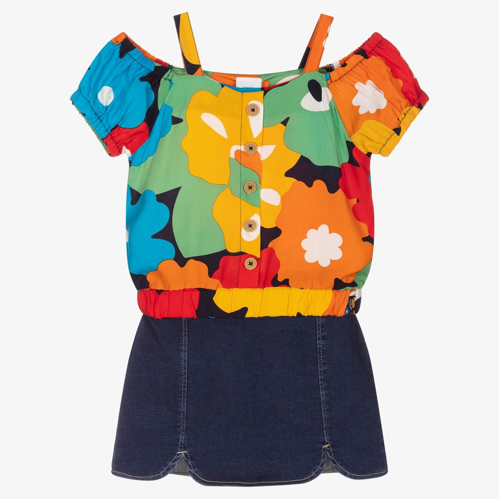 Boboli-Оранжевый топ с цветами и синяя юбка | Childrensalon Outlet