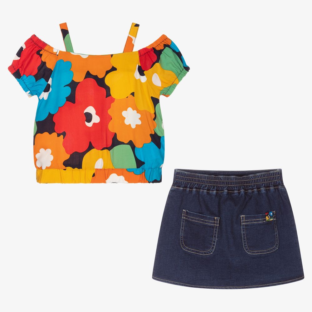 بوبولي-طقم تنورة فيسكوز وقطن لون أزرق وبرتقالي بطبعة ورود | Childrensalon Outlet