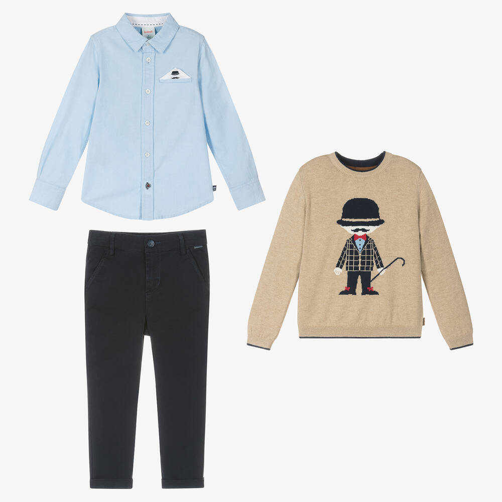 Boboli-طقم بنطلون قطن لون بيج وكحلي للأولاد | Childrensalon Outlet