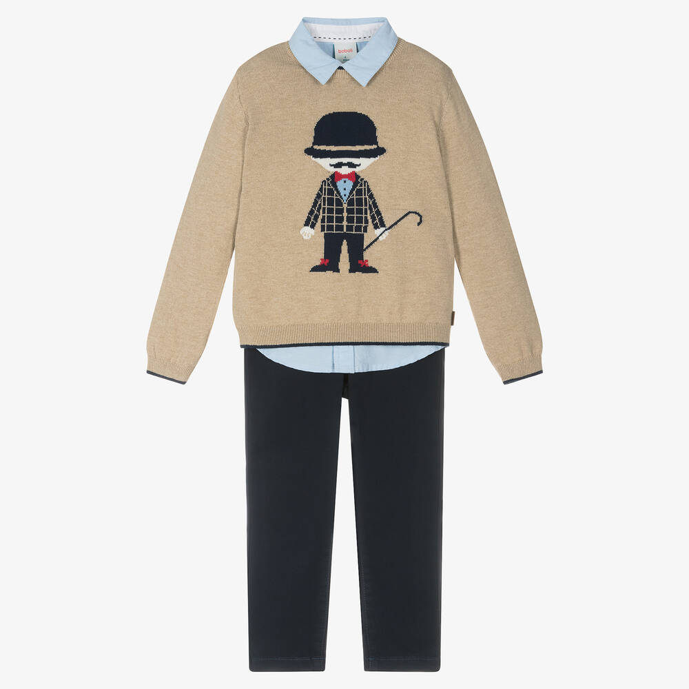 Boboli-Boys Beige & Blue Cotton Trouser Set | Childrensalon Outlet