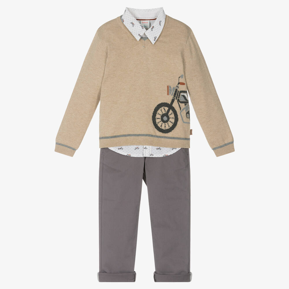Boboli - Бежево-серый комплект с брюками из хлопка | Childrensalon