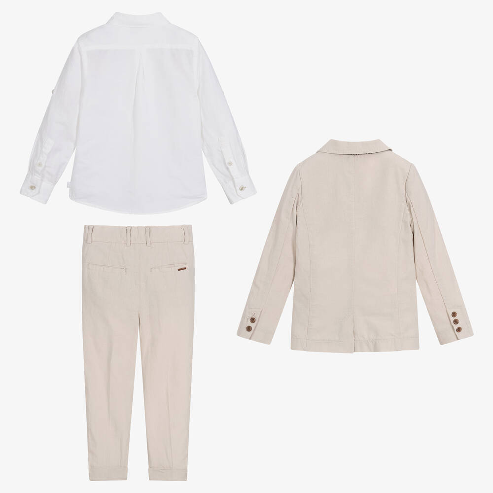 Boboli-طقم بنطلون قطن وكتان لون بيج وعاجي للأولاد | Childrensalon Outlet