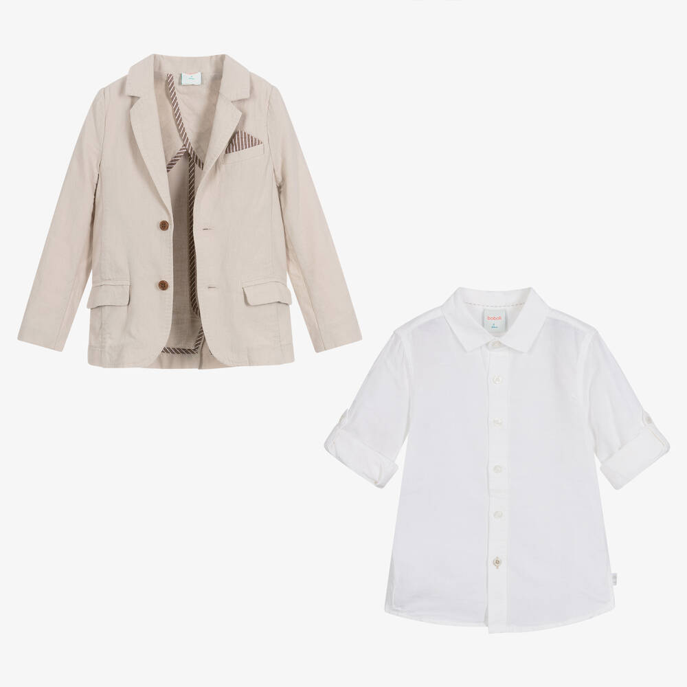 Boboli-طقم بنطلون قطن وكتان لون بيج وعاجي للأولاد | Childrensalon Outlet