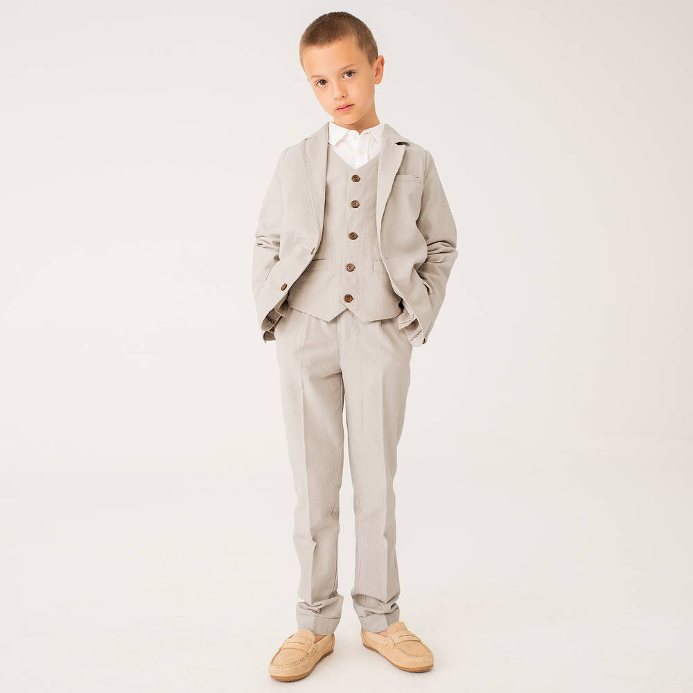 Boboli-طقم بنطلون قطن وكتان لون بيج وعاجي للأولاد | Childrensalon Outlet