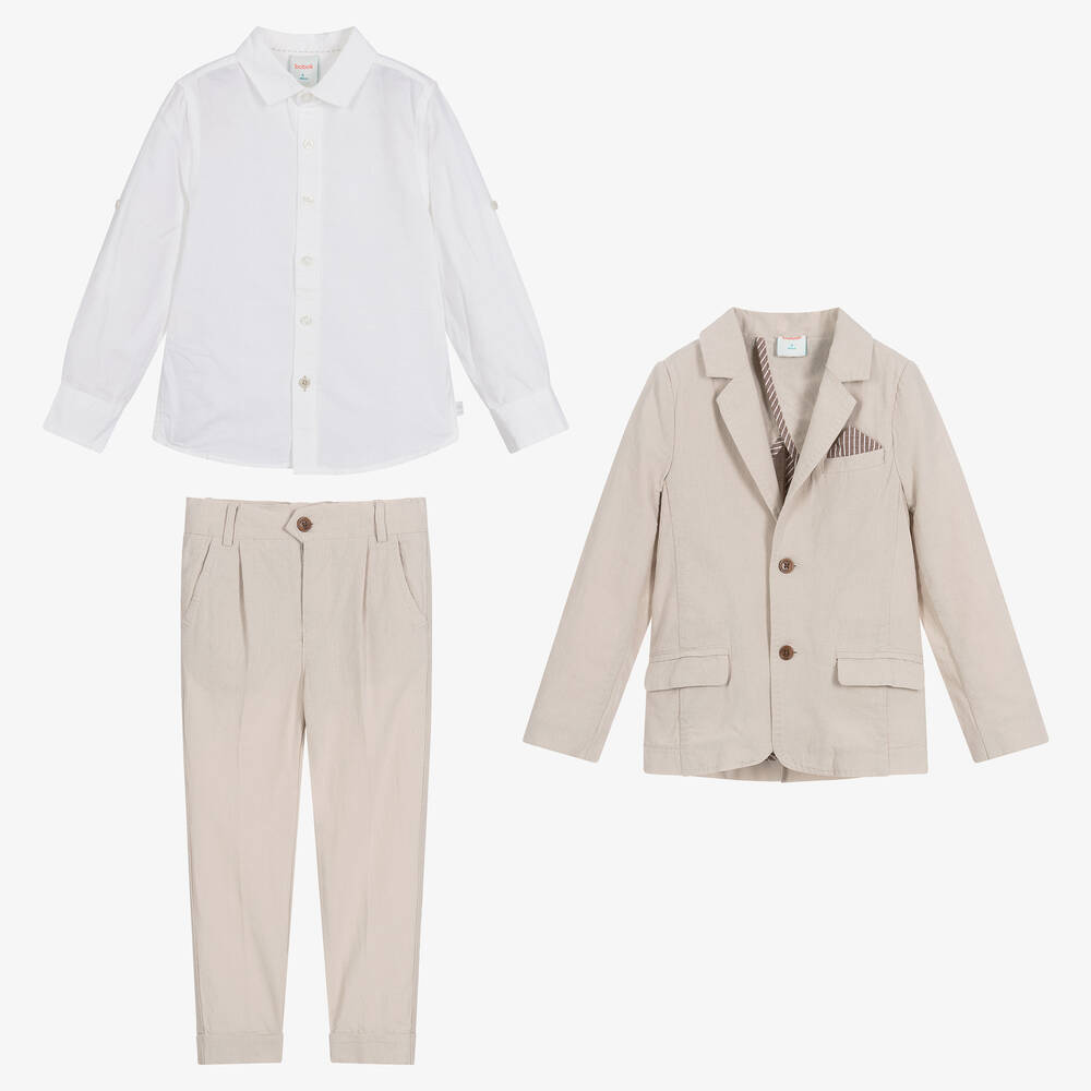 Boboli-طقم بنطلون قطن وكتان لون بيج وعاجي للأولاد | Childrensalon Outlet
