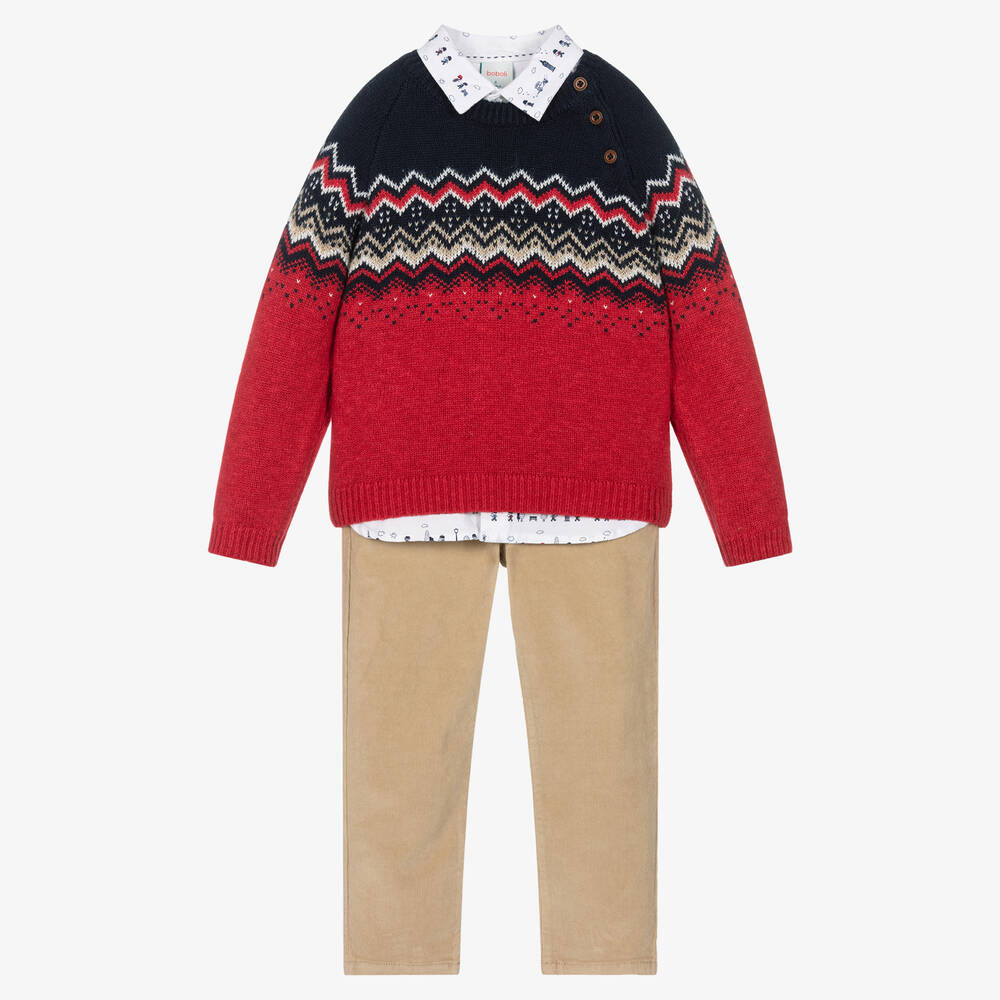 Boboli - Beigefarbenes und rotes Set mit Baumwollhose für Jungen | Childrensalon