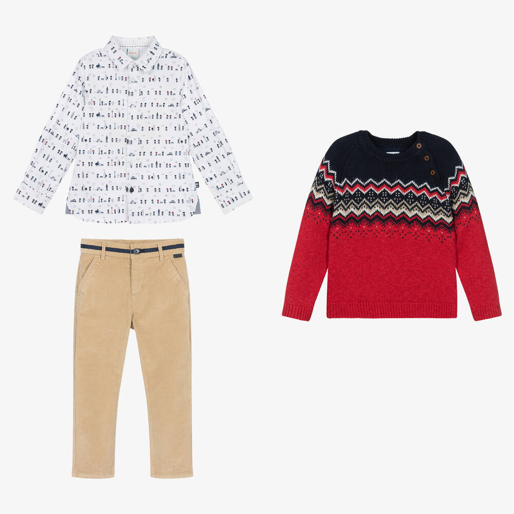 Boboli-Boys Biege & Red Cotton Trouser Set | Childrensalon Outlet