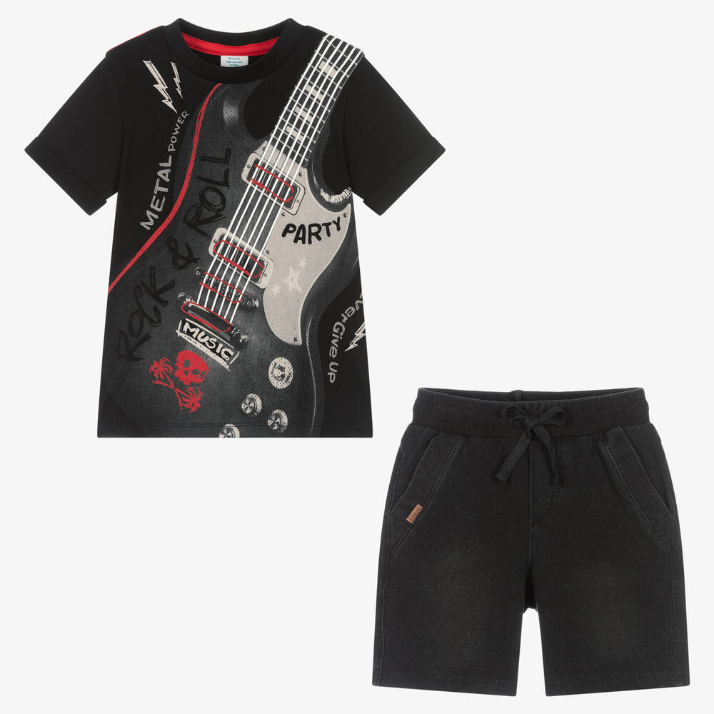 Boboli-Boys Black Cotton Rock & Roll Shorts Set | Childrensalon Outlet
