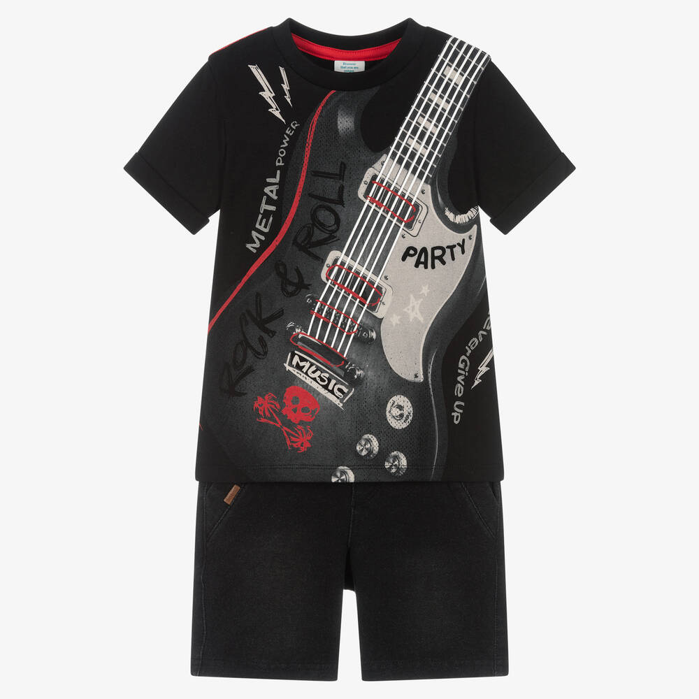 Boboli-Boys Black Cotton Rock & Roll Shorts Set | Childrensalon Outlet