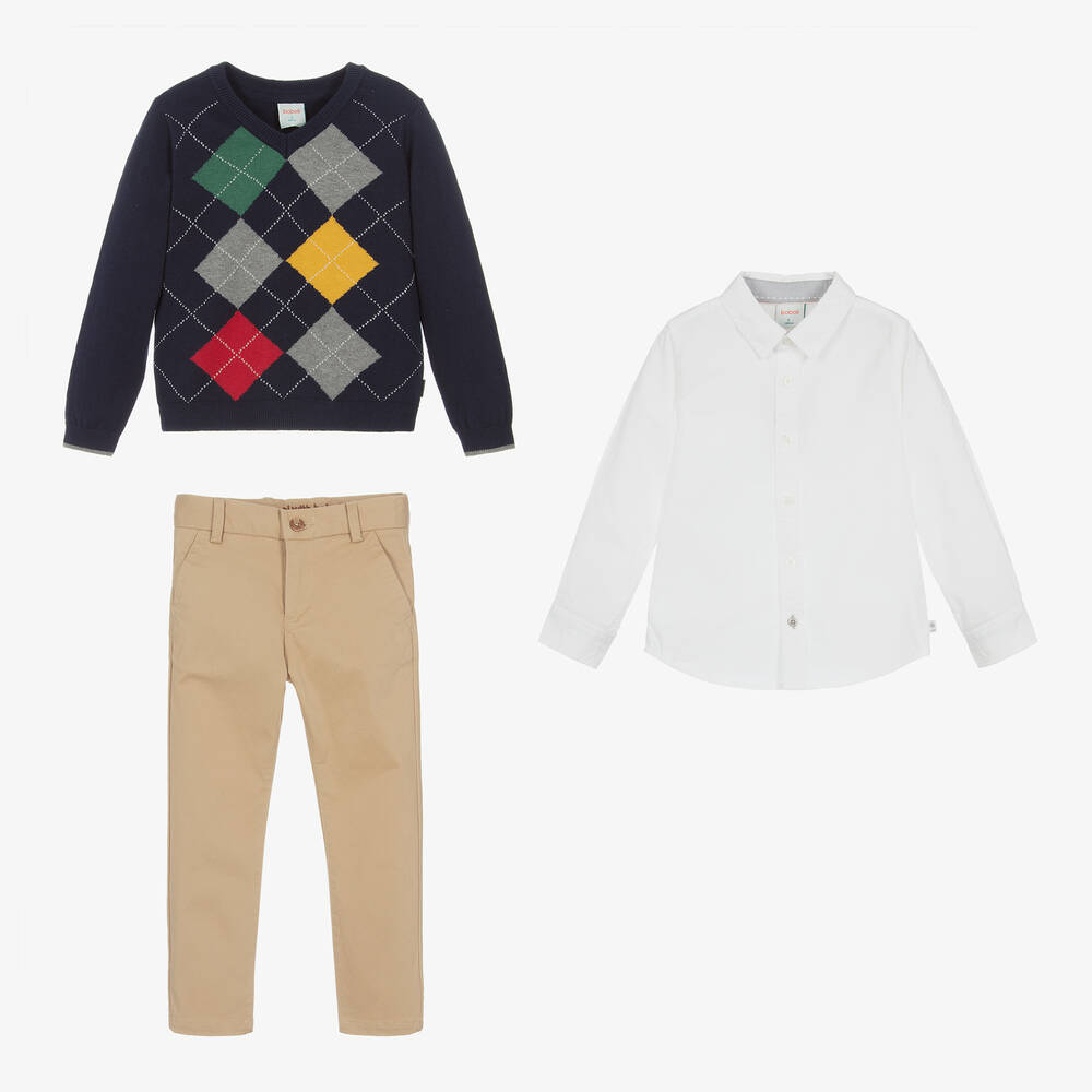 Boboli-Бежево-синий комплект с брюками из хлопка | Childrensalon Outlet