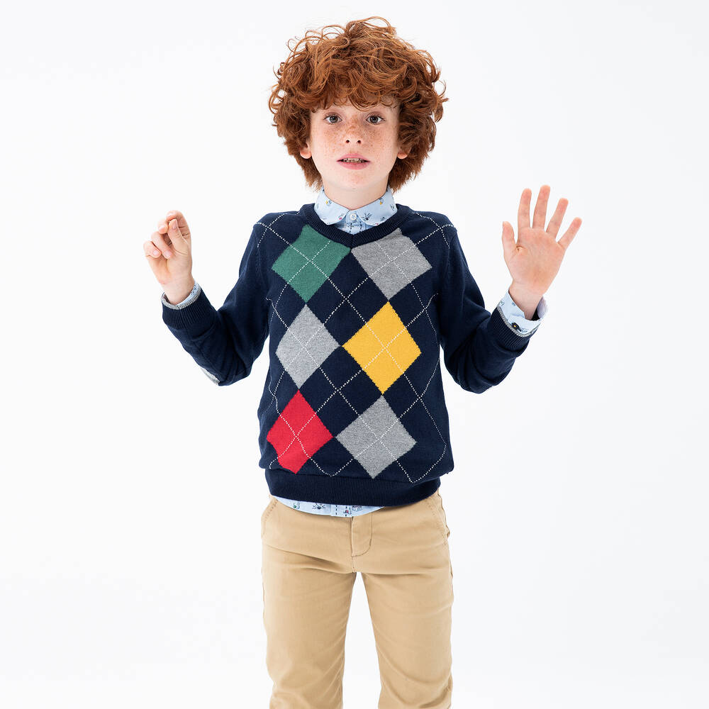 Boboli-Бежево-синий комплект с брюками из хлопка | Childrensalon Outlet