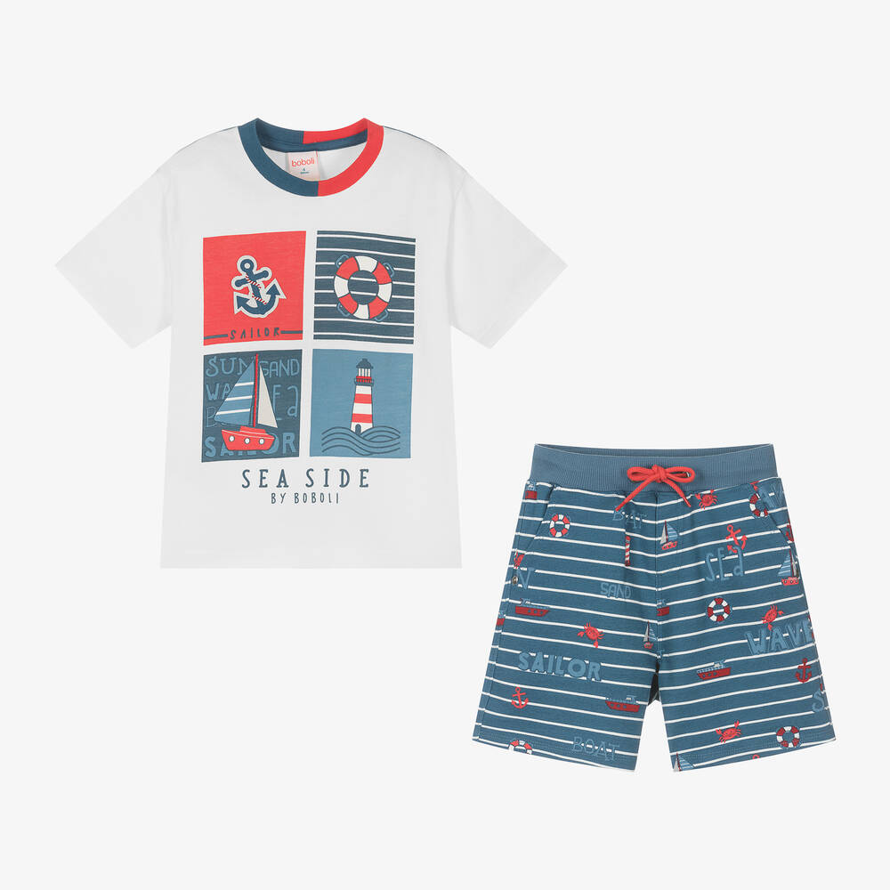 Bobux-طقم شورت قطن جيرسي لون أبيض وأزرق للأولاد | Childrensalon Outlet