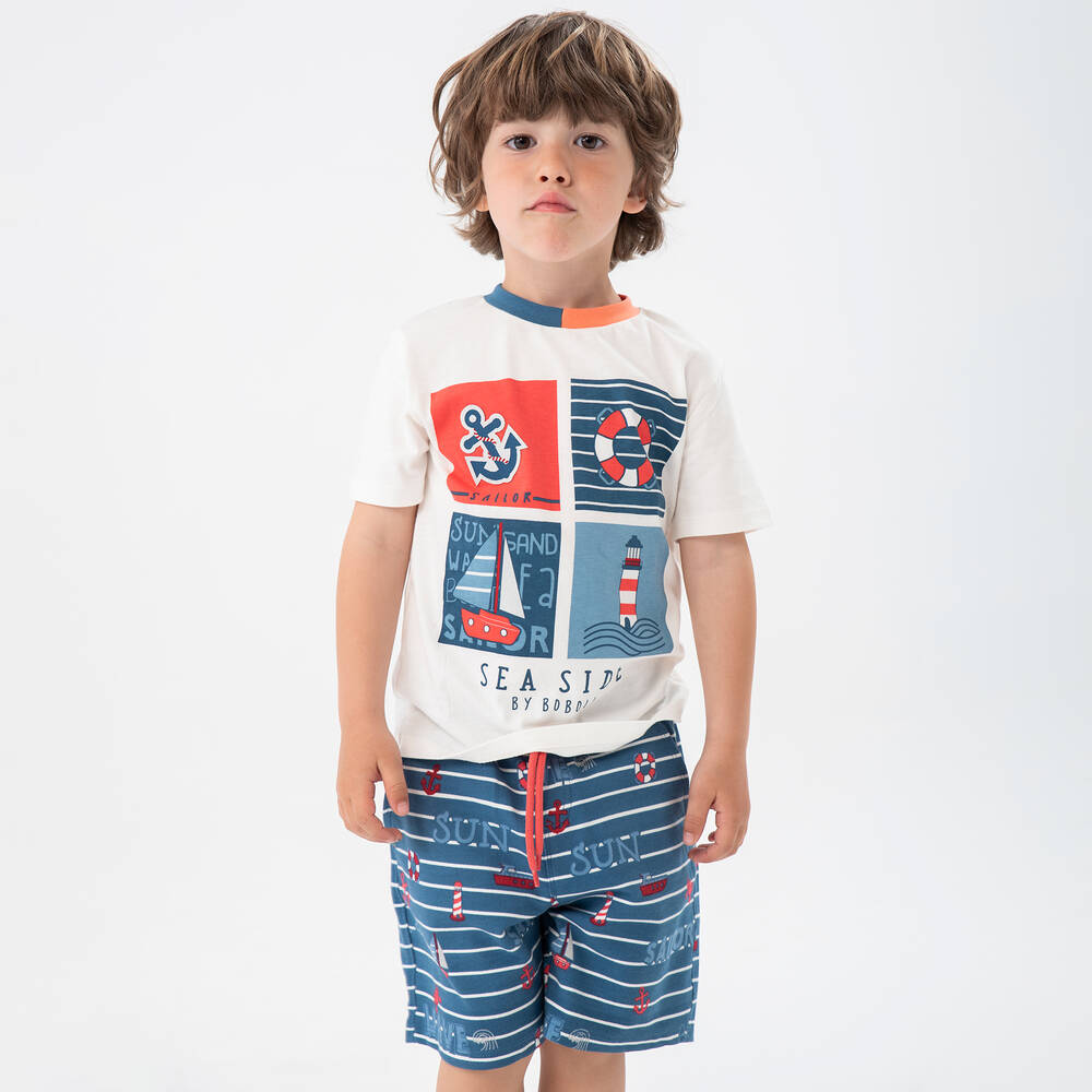 Bobux-طقم شورت قطن جيرسي لون أبيض وأزرق للأولاد | Childrensalon Outlet