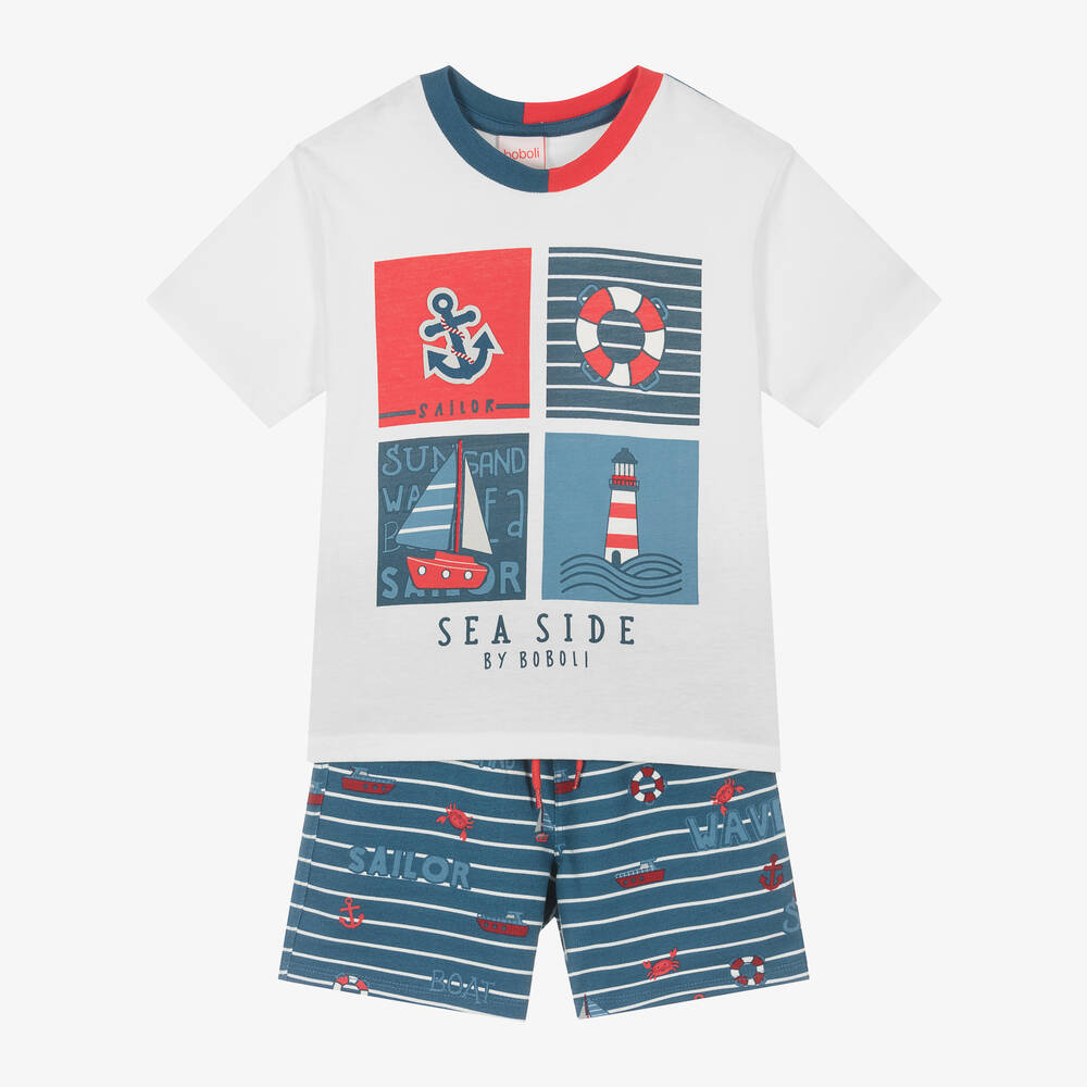 Boboli-Boys Blue Cotton Nautical Shorts Set | Childrensalon Outlet