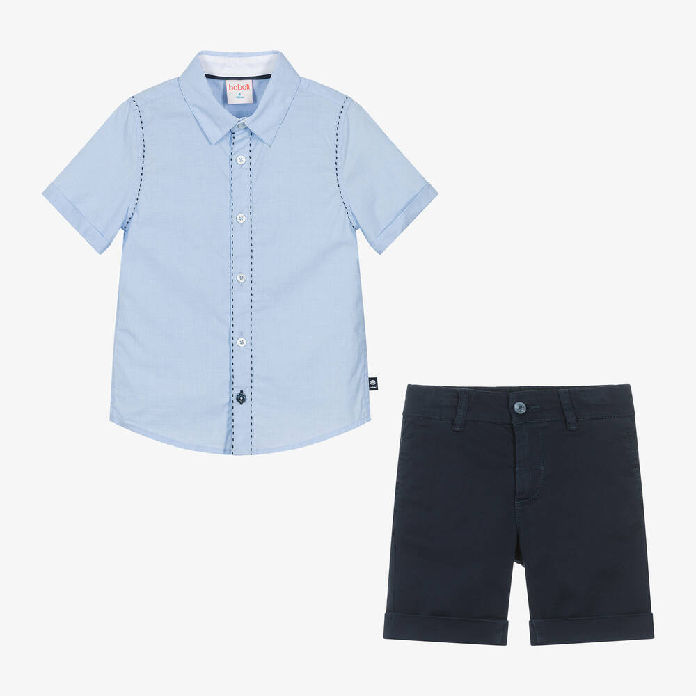 Boboli-طقم شورت وقميص قطن لون أزرق للأولاد | Childrensalon Outlet