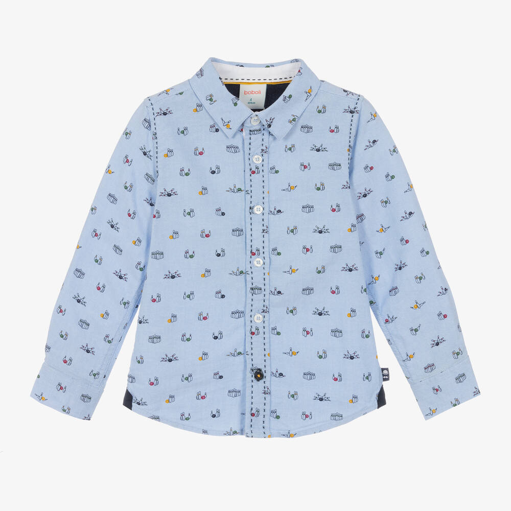 Boboli - Голубая приталенная рубашка из хлопка с кеглями | Childrensalon