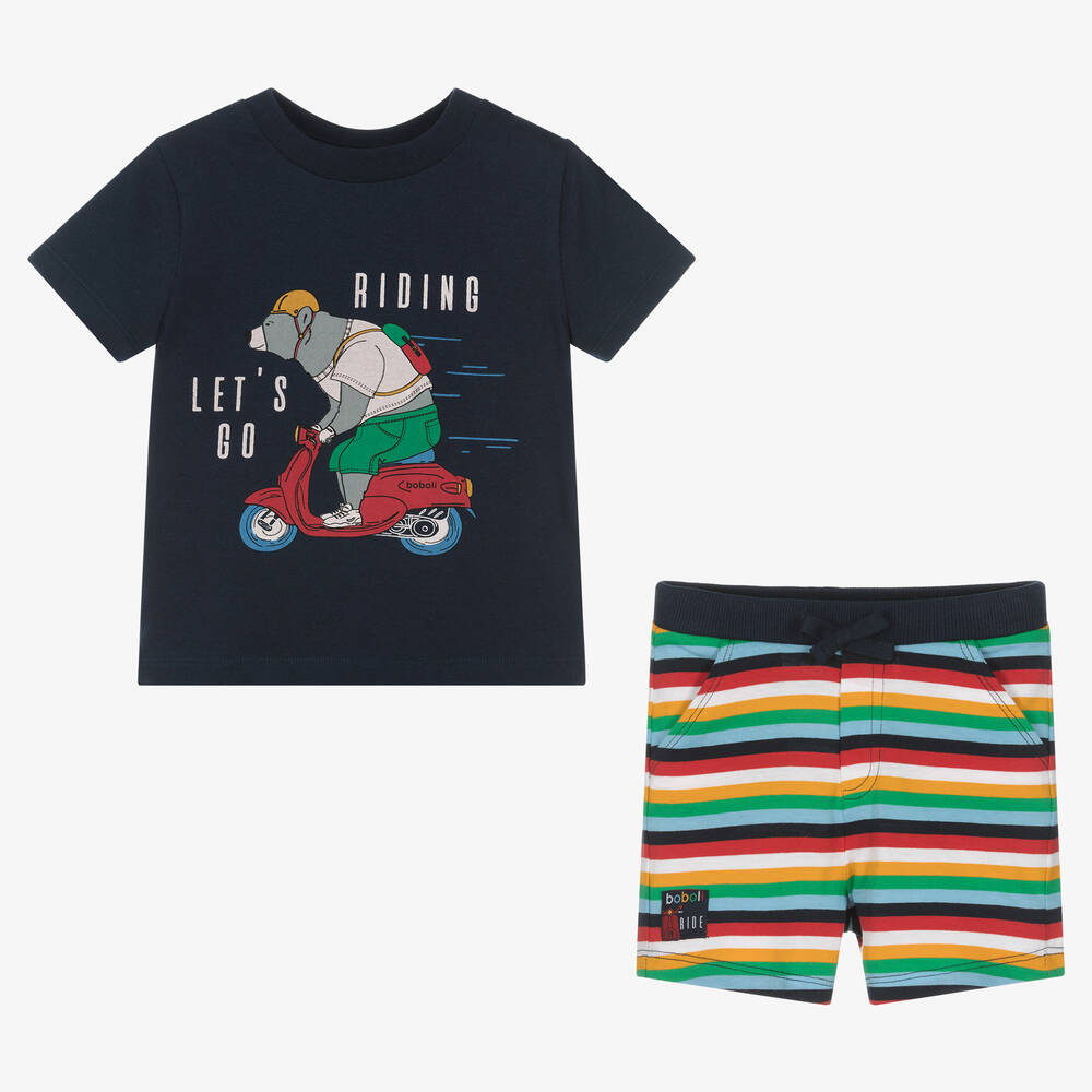 Boboli-Boys Blue Cotton Striped Shorts Set | Childrensalon Outlet