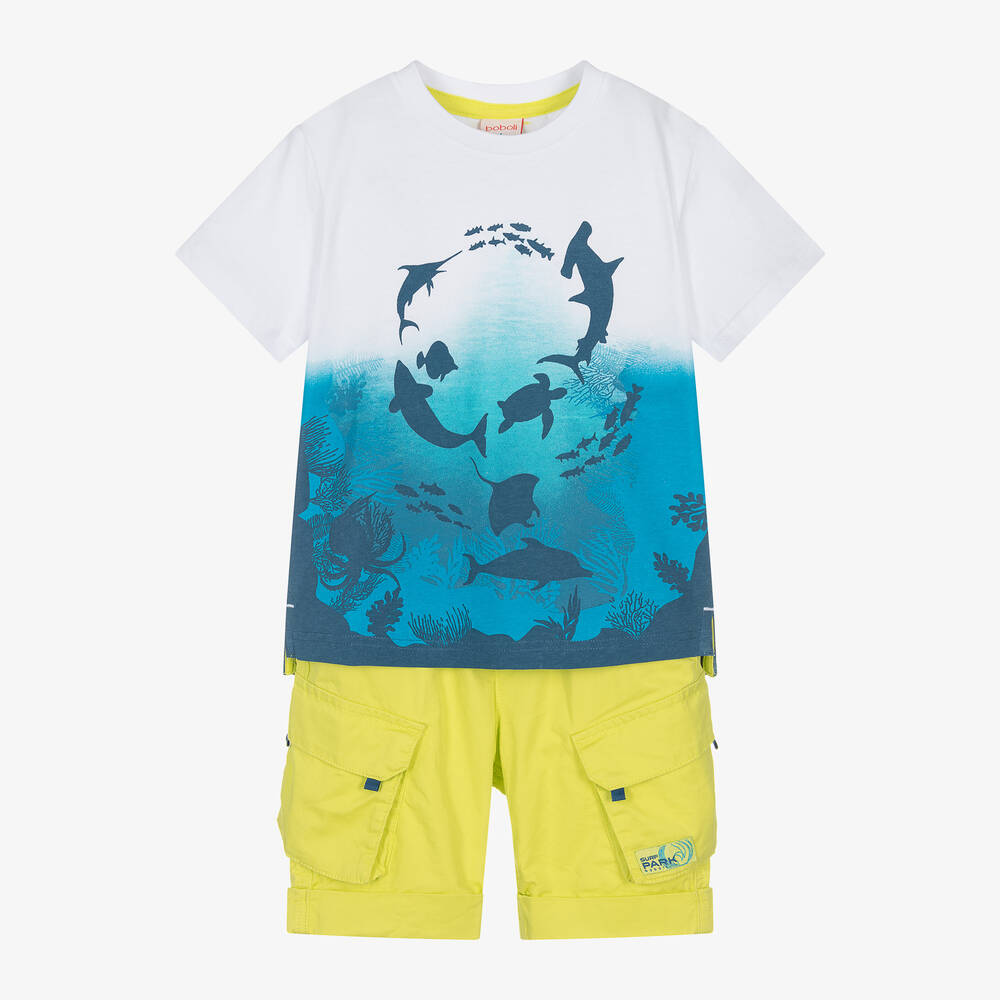 Boboli-Boys Blue & Green Cotton Shorts Set | Childrensalon Outlet