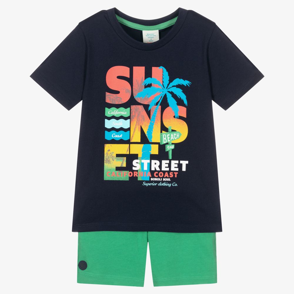 Boboli - Синяя футболка и зеленые шорты для мальчиков  | Childrensalon