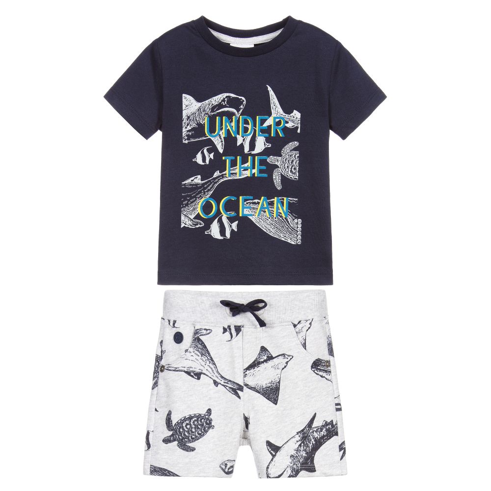 Boboli-طقم شورت وتوب قطن جيرسي لون كحلي ورمادي للأولاد | Childrensalon Outlet