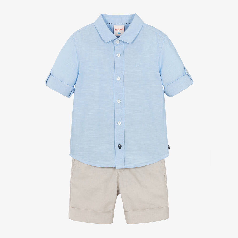 Boys Blue Linen Cotton Shorts Set