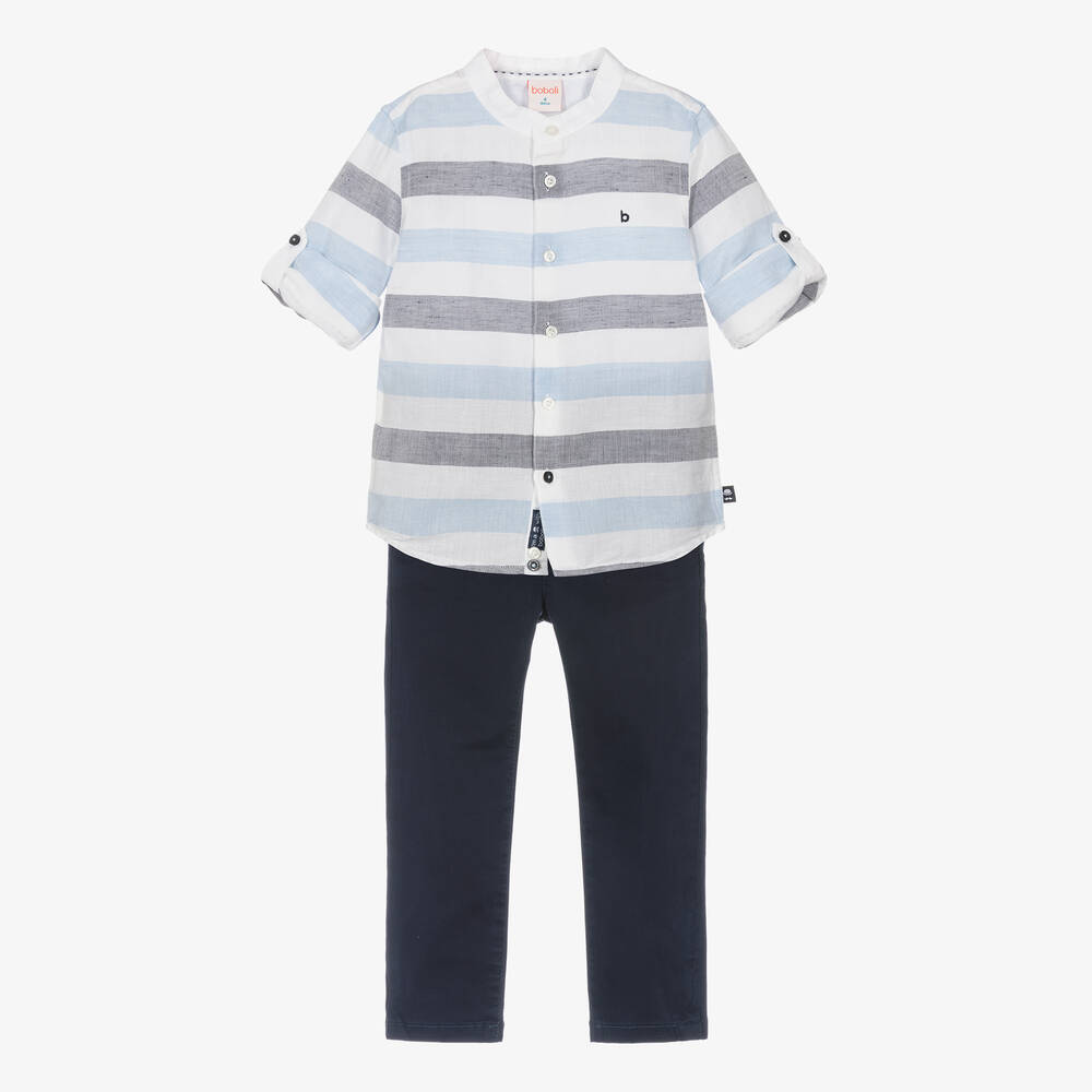Boboli-Boys Blue Striped Cotton Trouser Set | Childrensalon Outlet