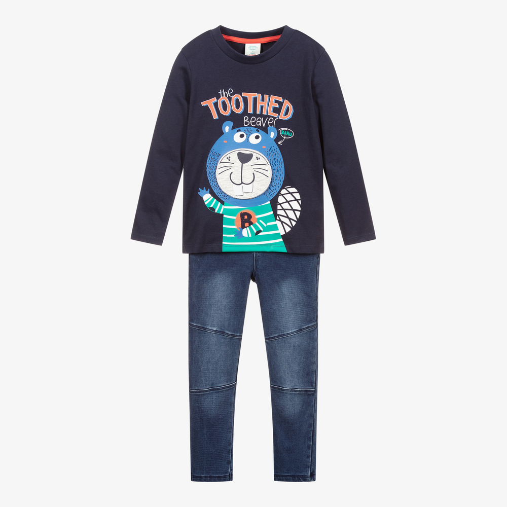 Boboli-طقم جينز وتوب قطن لون أزرق للأولاد | Childrensalon Outlet