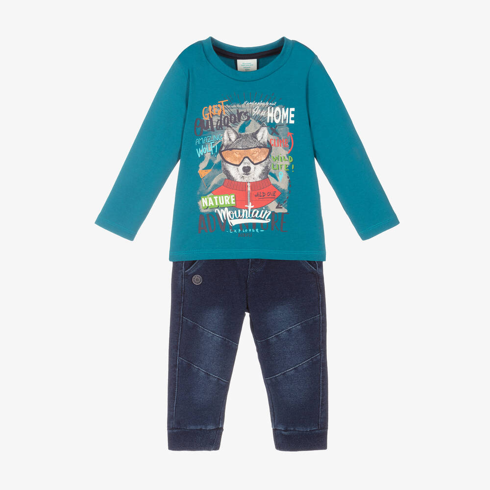 Boboli - طقم جينز وتوب قطن جيرسي لون أزرق للأولاد | Childrensalon