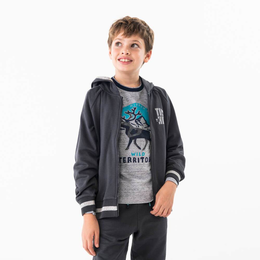 Boboli-توب هودي بسحاب قطن لون رمادي للأولاد | Childrensalon Outlet