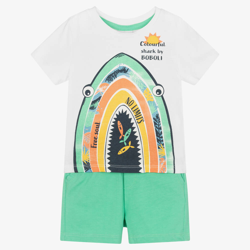 Boboli - Grünes Baumwoll-Top & Shorts Set mit Hai-Print | Childrensalon