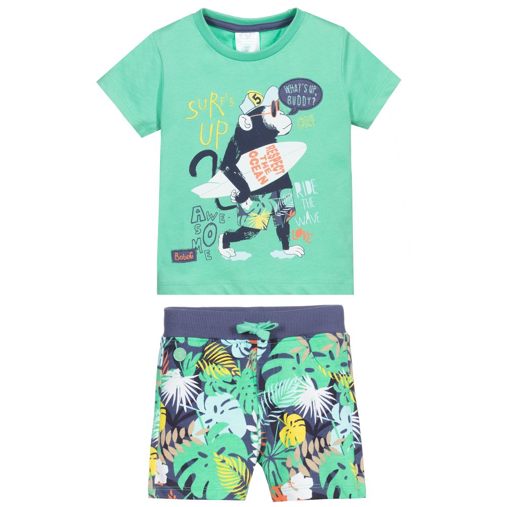Boboli-طقم شورت وتيشيرت قطن لون أخضر بطبعة ملونة | Childrensalon Outlet