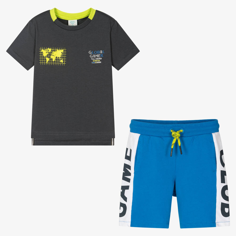 Boboli-Boys Grey & Blue Cotton Gaming Shorts Set | Childrensalon Outlet