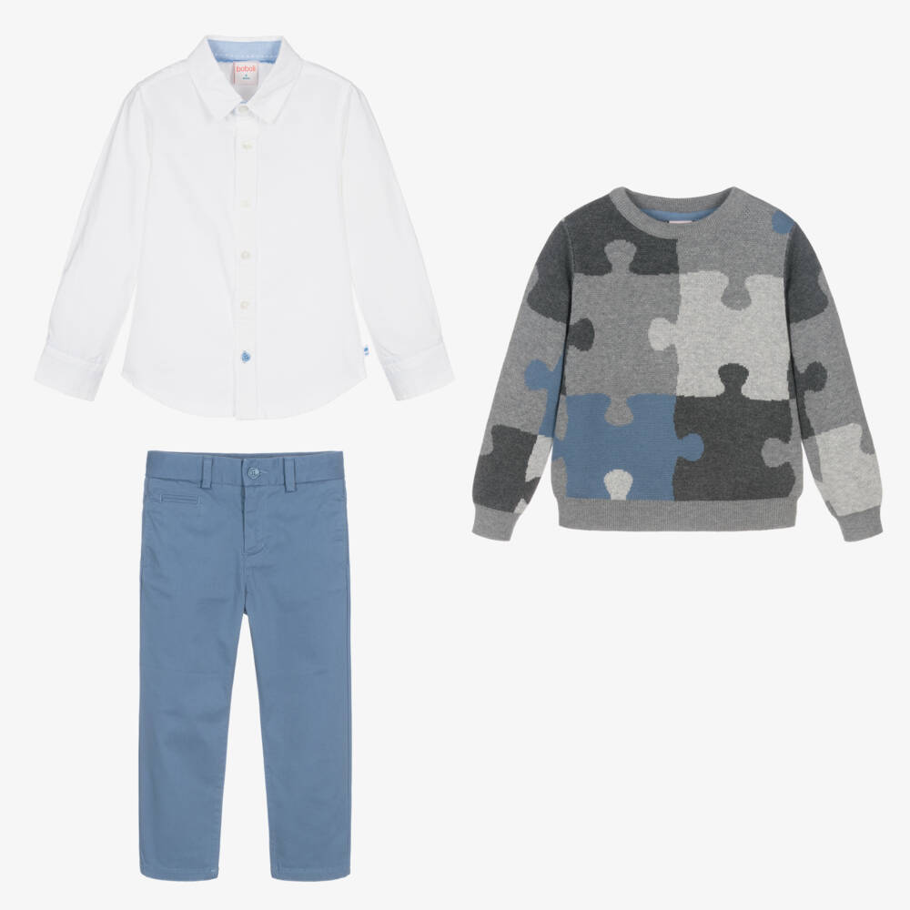 Boboli-Boys Grey & Blue Jigsaw Trouser Set | Childrensalon Outlet